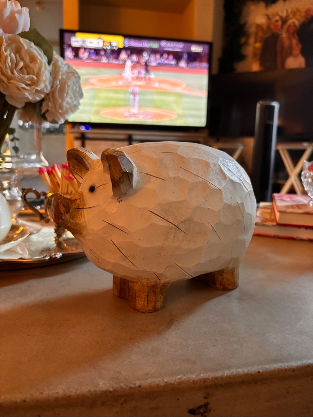 Carved Wood Pig Figurine Whitewashed Farmhouse Folk Art 9” x 6”